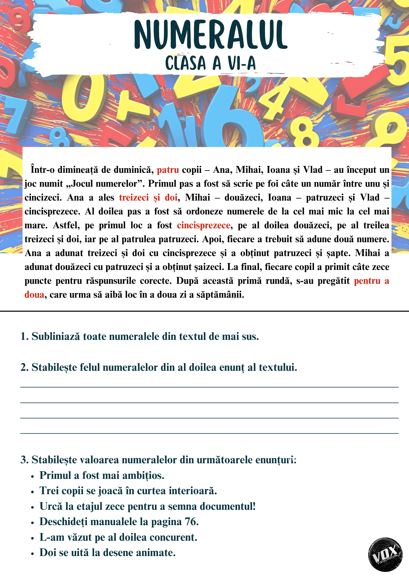 Fișă de lucru: Numeralul (clasa a VI-a)