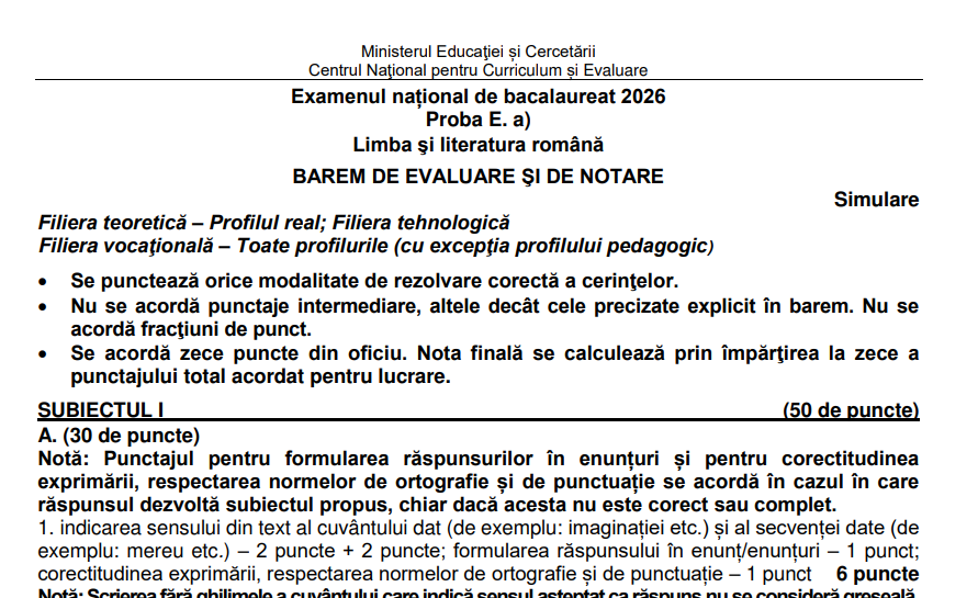 Barem simulare Bacalaureat ROMÂNĂ 2026