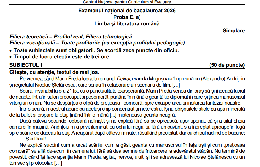 Simulare Bacalaureat ROMÂNĂ 2026